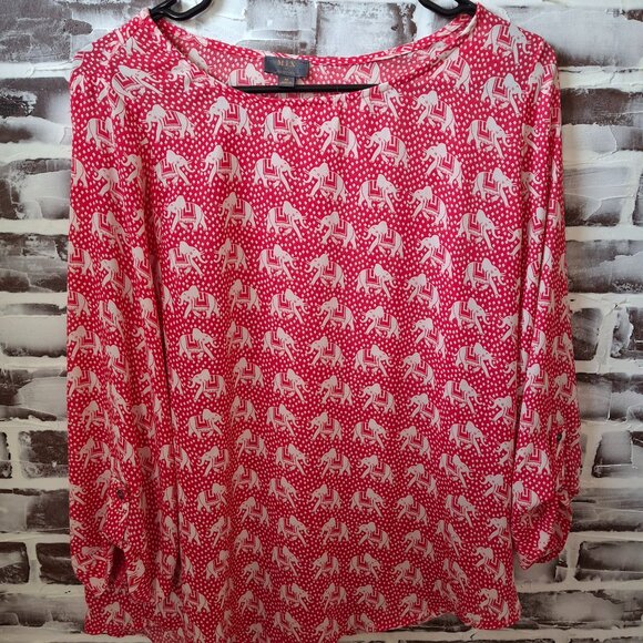 Mix by 41 Hawthorn Medium Top Blouse Red White Elephant Roll Sleeves - Picture 1 of 6